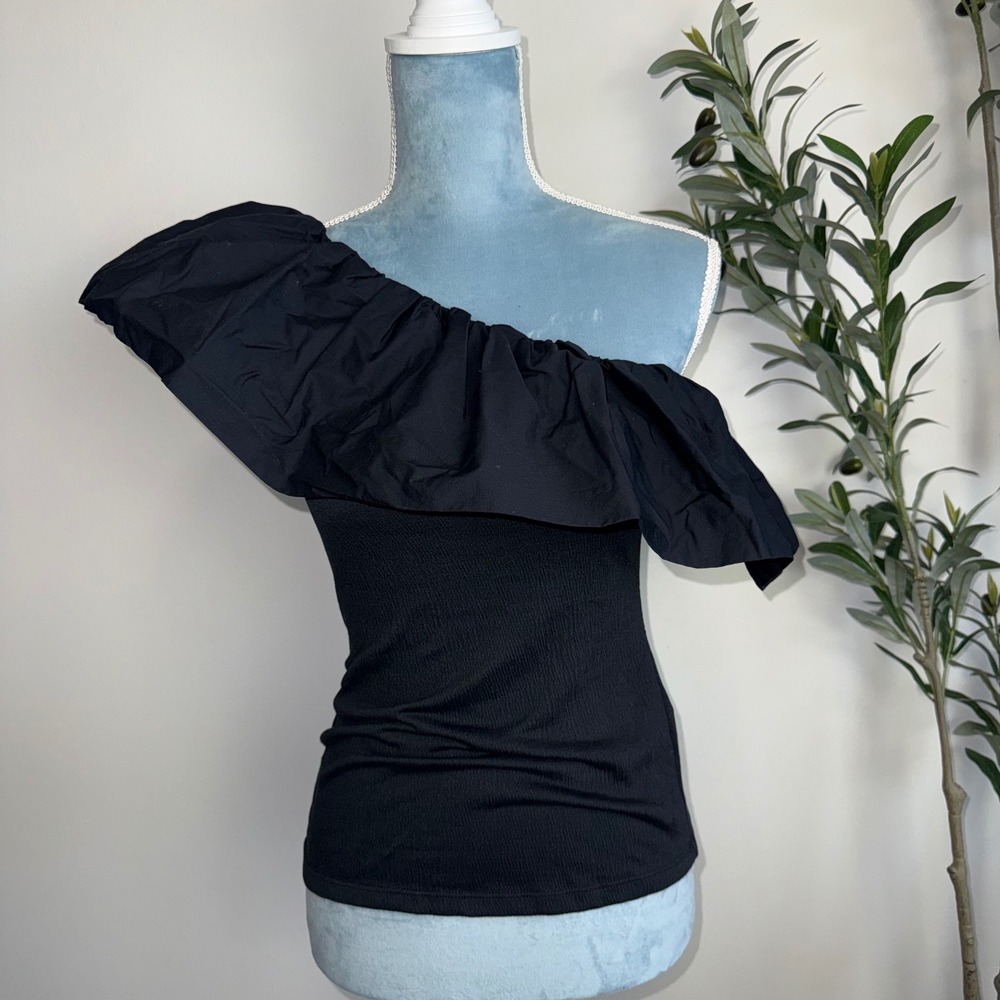 Who What Wear Womens One Shoulder Ruffle Ribbed Top Black New Size S